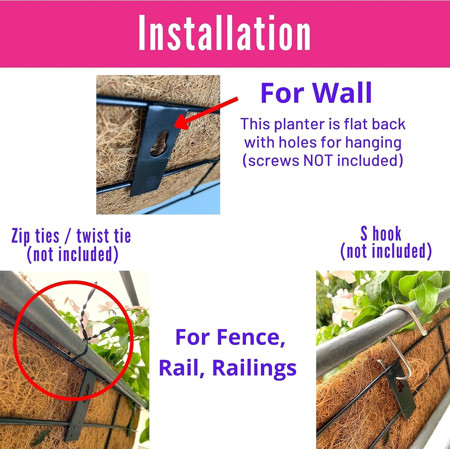 LaLaGreen Large Window Flower Boxes - 2 Pack, 24 Inch Balcony Planter, Deck Railing Planters with Coco Liners Outdoor Wall Pot Plant Holder, Black Metal Horse Trough Fence Patio Porch Over Rail Decor