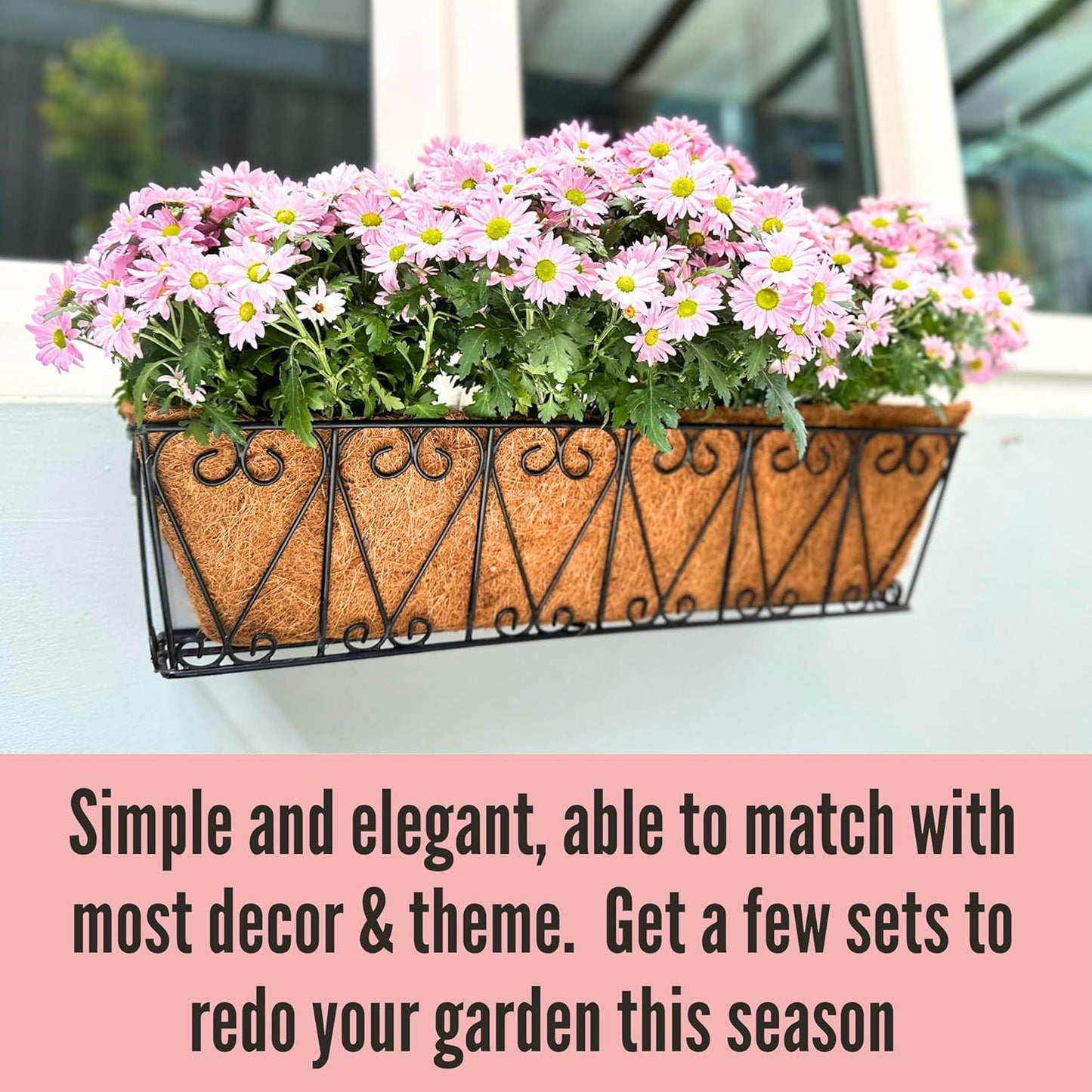 LaLaGreen Large Rail Planters - 2 Pack, 24 Inch Wall Hanging Basket with Coco Liner Deck Railing Hanging Window Flower Box Outdoor Black Metal Trough Plant Holder Fence Balcony Patio Porch Garden