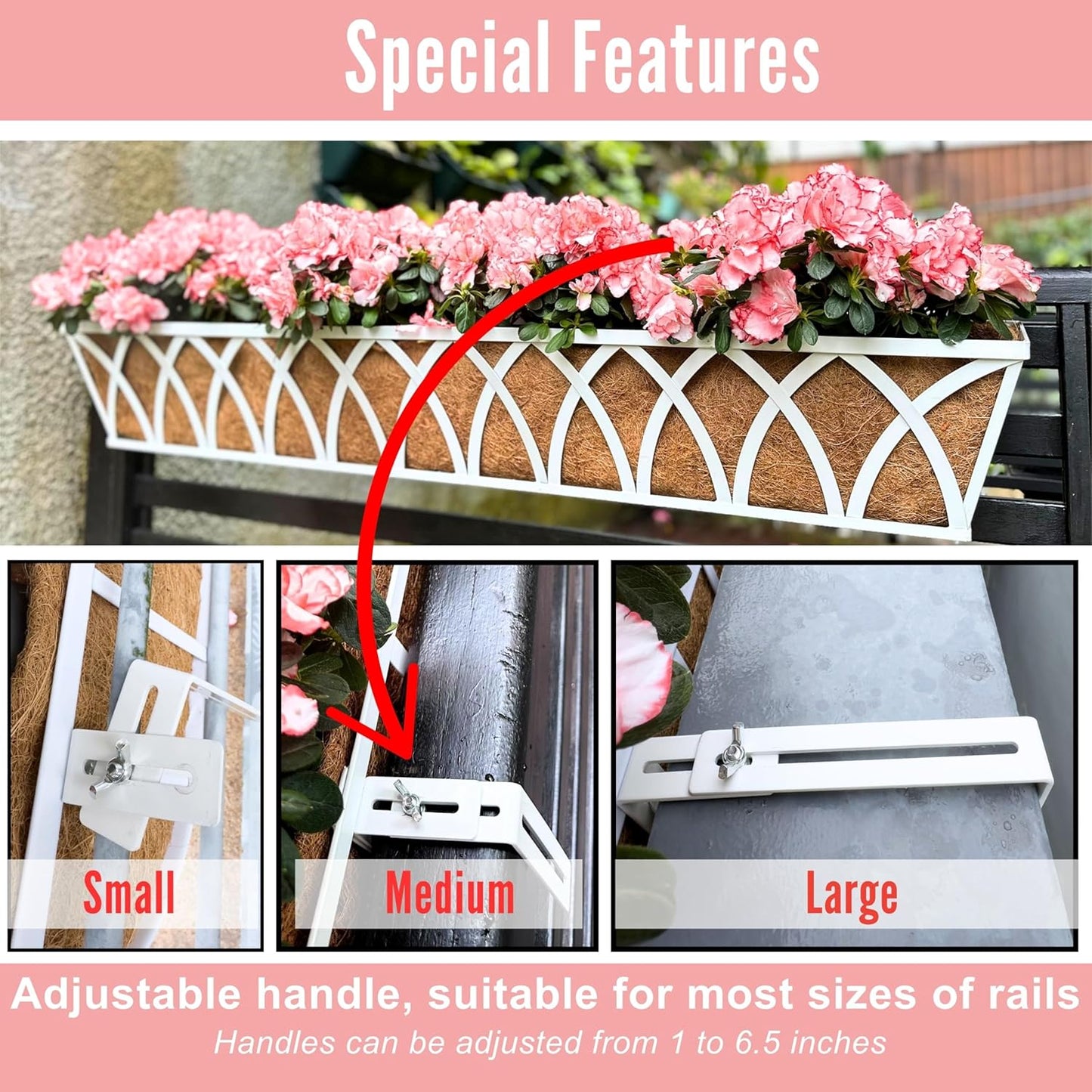 LaLaGreen Railing Planter Boxes (2 Pack, 24 Inch) White Metal Rectangular Window Flower Box with Coco Liner, Hanging Planters for Outdoor Plants Holder Deck Rail Fence Balcony Patio Porch Garden Decor