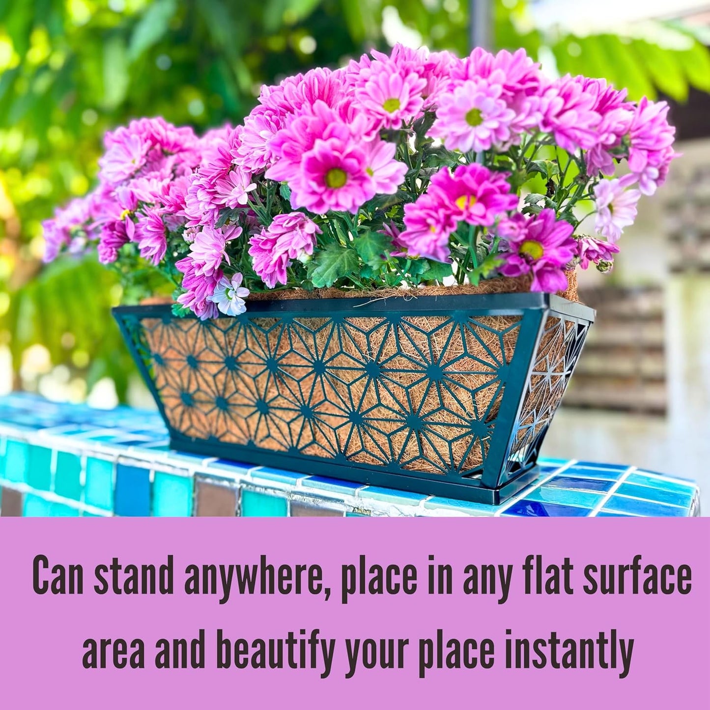 LaLaGreen Window Boxes Planter for Outdoor Plants (2 Pack, 16 Inch) Black Metal Basket Flower Pot Rectangular Wall Planters with Coco Liner, Horse Trough Deck Railing Balcony Modern Garden Fence Patio