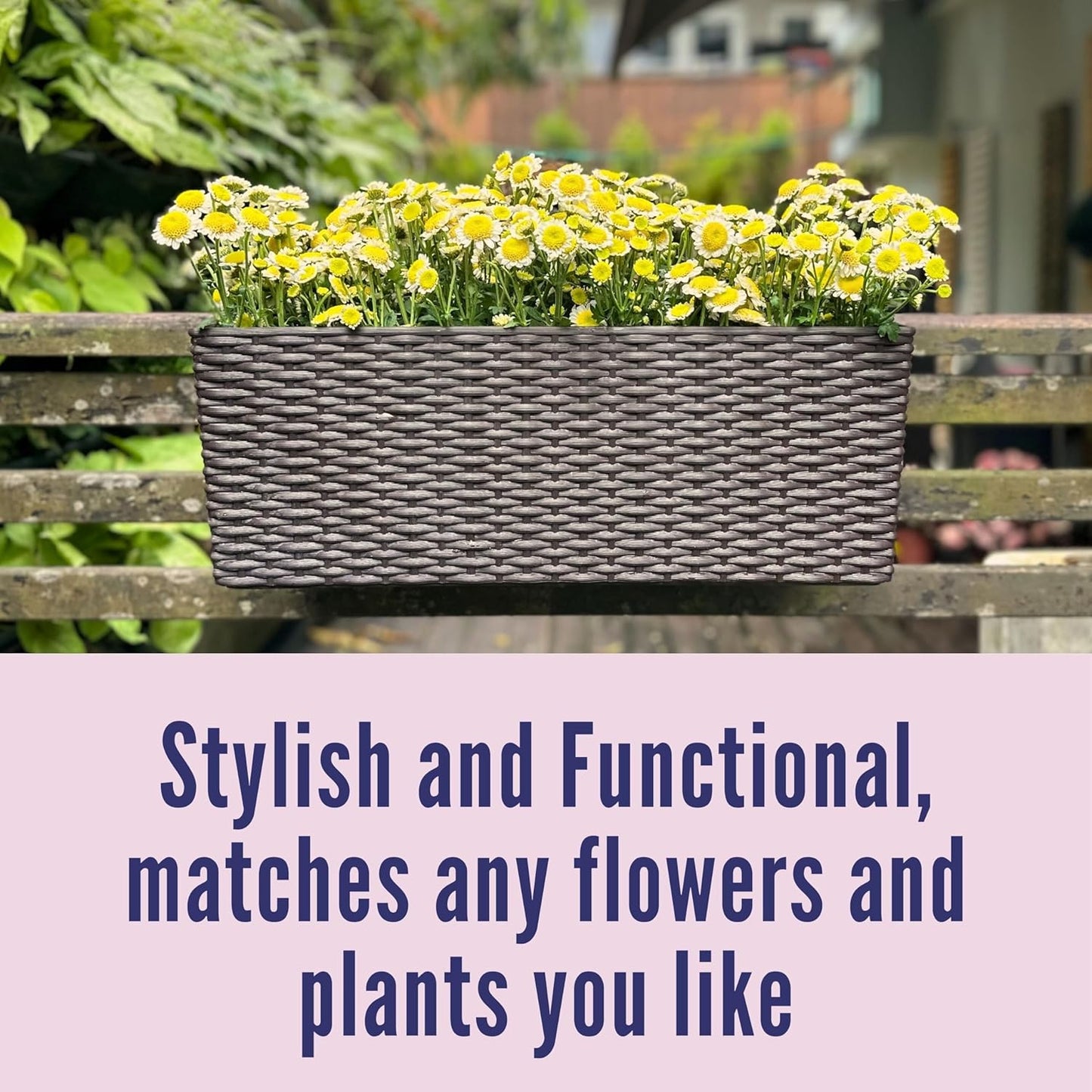 LaLaGreen Deck Railing Planter Box (4 Pack, 20 Inch) Brown Rectangular Window Flower Boxes with Bracket, Self Watering System Hanging Planter Box for Outdoor Plant Container Herb Rail Fence Balcony