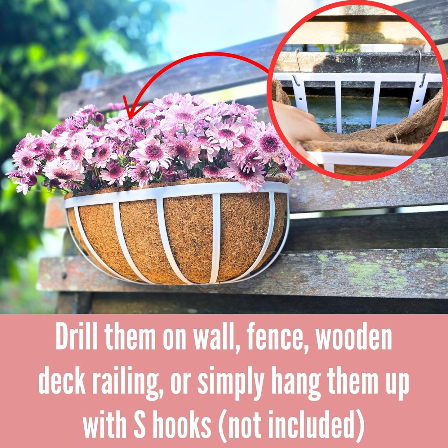 LaLaGreen Window Planter Box (16 Inch, 2 Pack) White Metal Deck Railing Flower Boxes with Coco Liners, Rectangular Wall Planters for Outdoor Plants Horse Troughs Fence Balcony Garden Herb Patio Porch