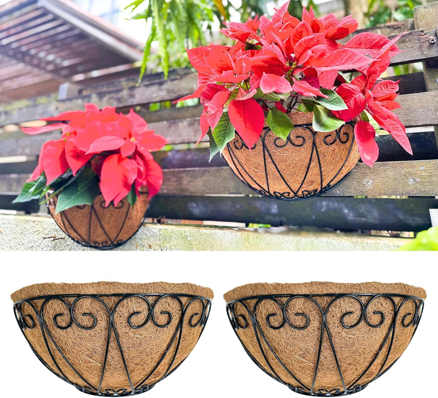 LaLaGreen Outdoor Wall Planters (2 Pack, 16 Inch) Black Metal Wall Mounted Hanging Basket with Coco Liner, Large Flower Pot Plant Holder Planter for Fence Railing Deck Porch Balcony Modern Home Decor