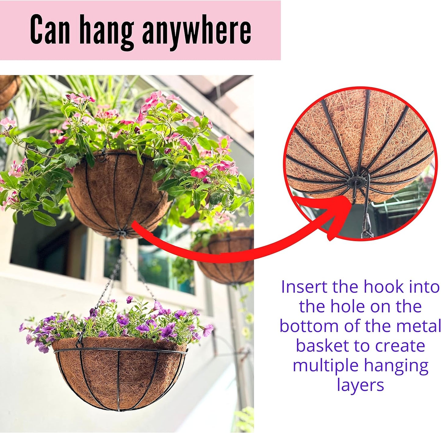 LaLaGreen Hanging Baskets for Outdoor Plants (14 Inch, 4 Pack) Large Hanging Planter with Coco Liner Round Flower Pots, Black Metal Wire Plant Holder Hook Deck Porch Modern Garden Balcony Rustic Decor