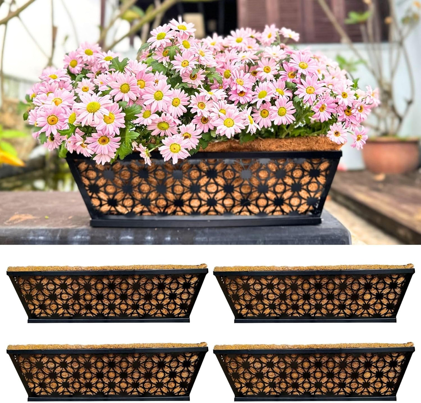 LaLaGreen Window Box Planter for Outdoor Plants (4 Pack, 16 Inch) Black Metal Rectangular Flower Pot Wall Planters with Coco Liner, Modern Horse Trough Railing Garden Balcony, Patio, Fence, and Deck