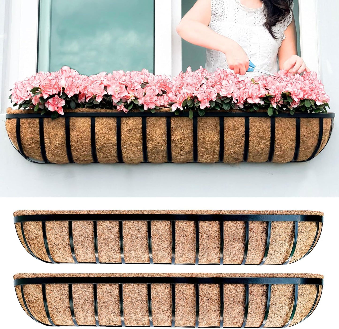 LaLaGreen Wall Hanging Planter Outdoor (48 Inch, 2 Pack) Large Window Flower Box with Coco Liners, Black Metal Rectangular Plant Holder Attach to House Horse Trough Fence Balcony Modern Porch Patio