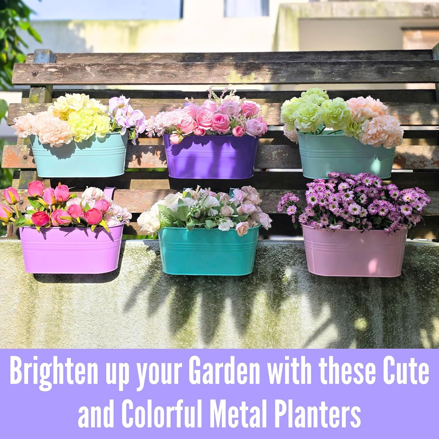 LaLaGreen Outdoor Hanging Planter (11.2 Inch, 6 Pack) Light Pink, Light Purple, Turquoise, Light Blue, Dark Purple, Cadet Blue Metal Iron Window Box Flower Pot Deck Railings Fence Porch Garden Decor