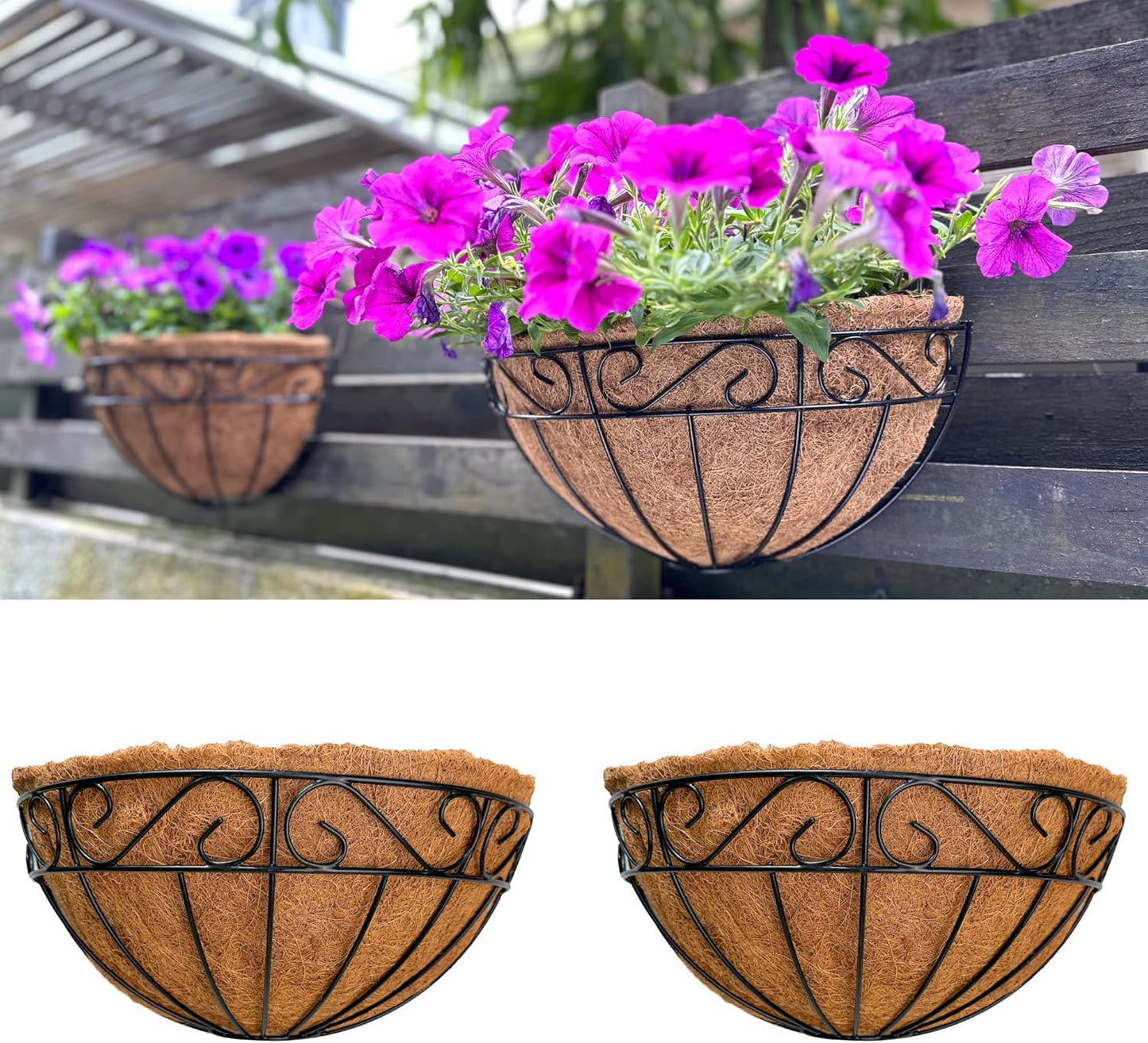 LaLaGreen Large Wall Planter Outdoor - 2 Pack, 14 Inch Large Fence Hanging Flower Baskets with Coco Liner, Herb Pots Holder Rail Planter Outside Railing Deck Porch Balcony Vertical Garden Privacy Wall