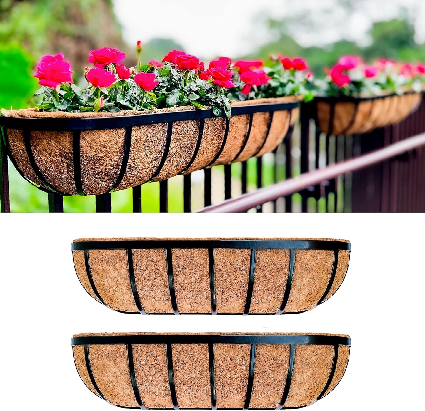 LaLaGreen Wall Hanging Planter Outdoor (48 Inch, 2 Pack) Large Window Flower Box with Coco Liners, Black Metal Rectangular Plant Holder Attach to House Horse Trough Fence Balcony Modern Porch Patio