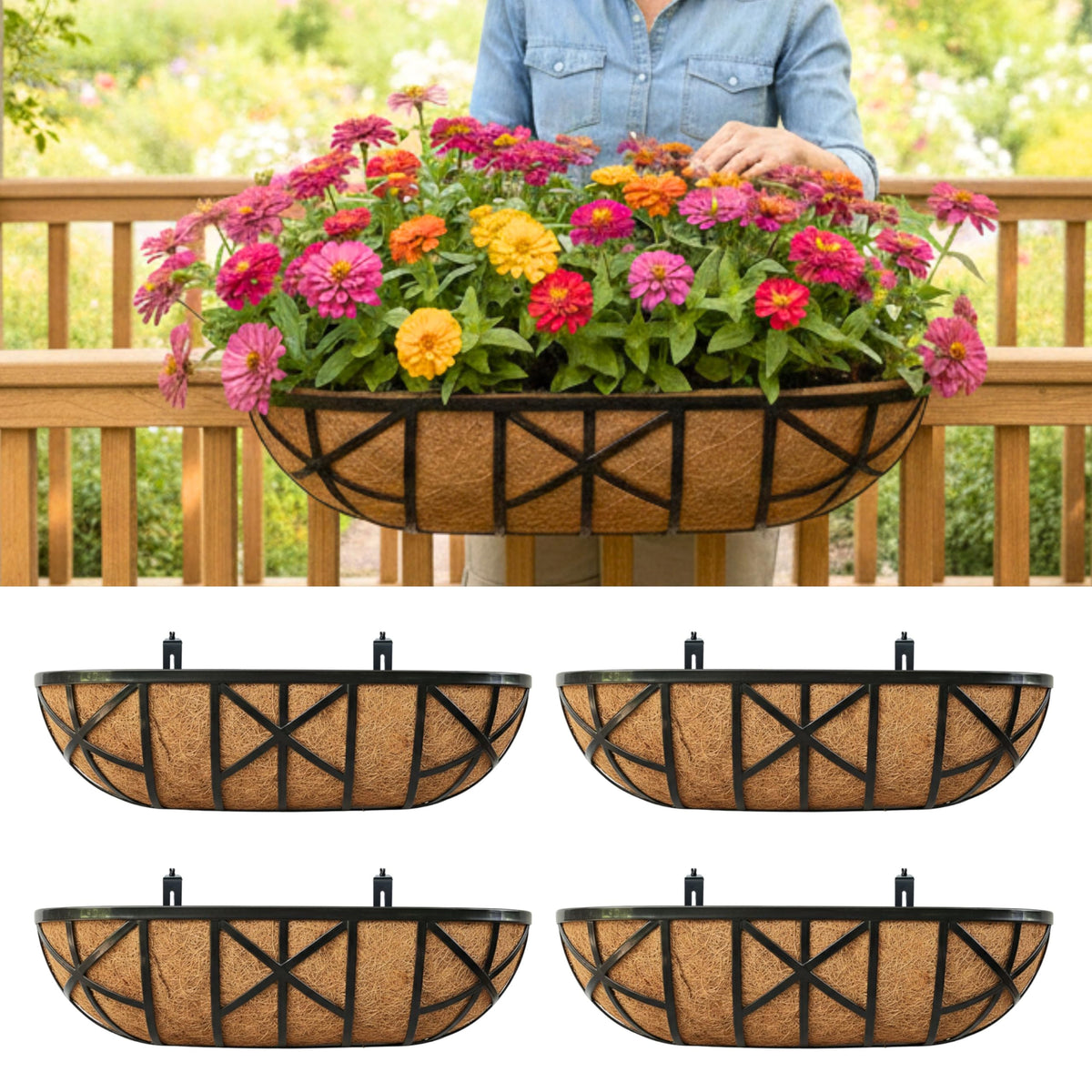 LaLaGreen 24 Inch, 4 Pack Railing Planters with Adjustable Mounting Brackets – Black Metal Window Planter Boxes for Outdoor Gardening, Wall-Mount Flower Pots, Balcony Fence Patio, Porch, Garden