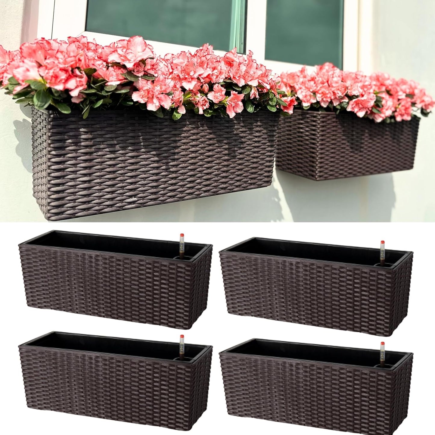 LaLaGreen Wall Planters Outdoor (20 Inch, 2 Pack) Brown Rectangular Window Flower Boxes with Brackets Self Watering System, Vertical Wall Mounted Plant Pot Container Herb Garden Balcony Indoor Decor