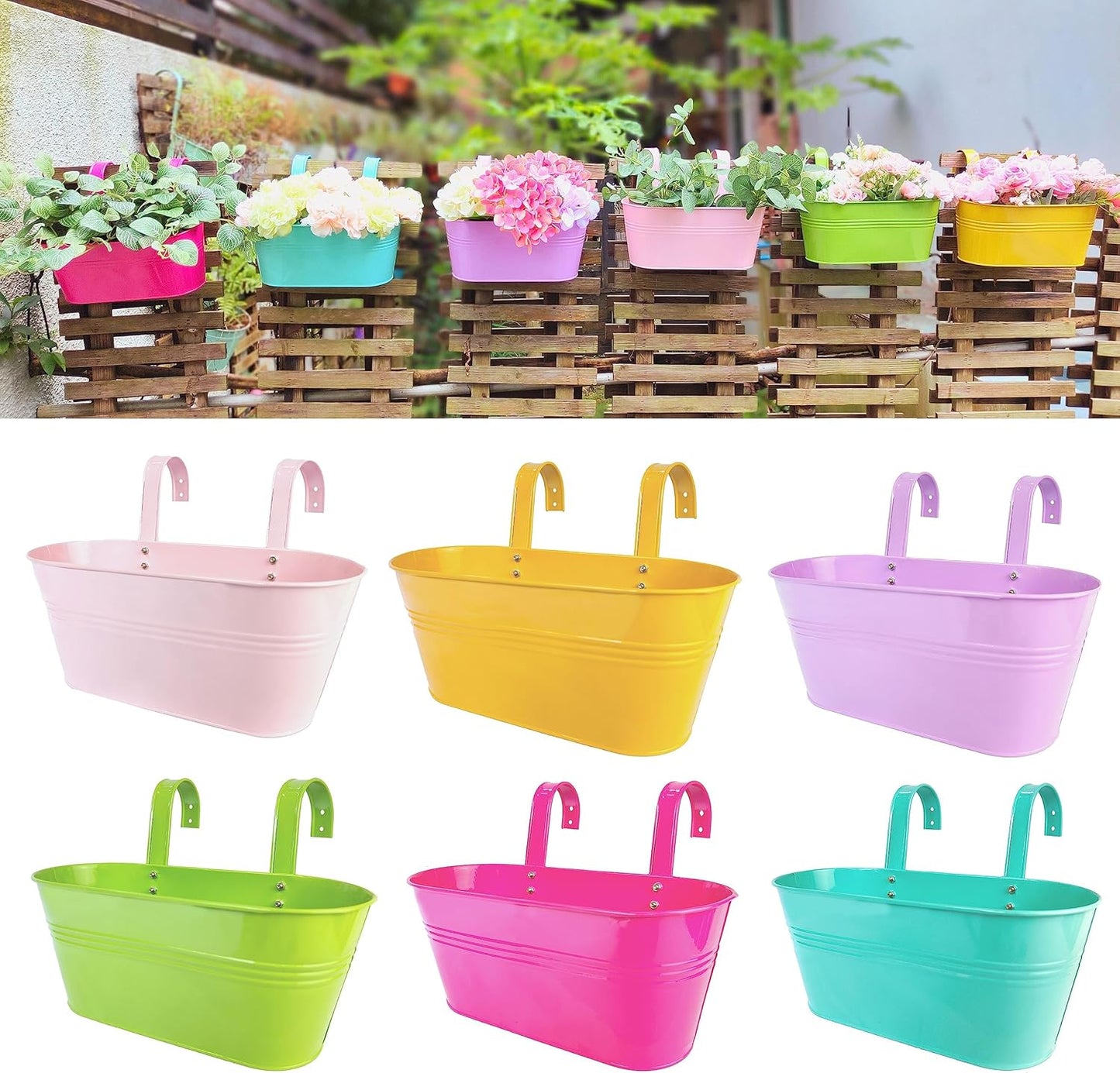 LaLaGreen Outdoor Hanging Planter (11.2 Inch, 6 Pack) Light Blue, Green, Neon Pink, Yellow, Orange, Peachy Pink Metal Iron Window Box Flower Pot Deck Railings Fence Rail Bucket Porch Home Garden Decor