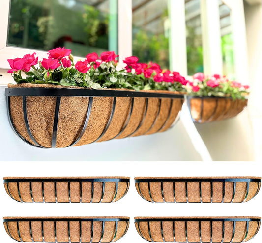 LaLaGreen Deck Railing Planter Boxes - 4 Pack, 36 Inch Long Window Flower Box Attach to House, Wall Planters for Outdoor Plants with Coco Liners English Horse Trough Fence Balcony Garden Porch Rail