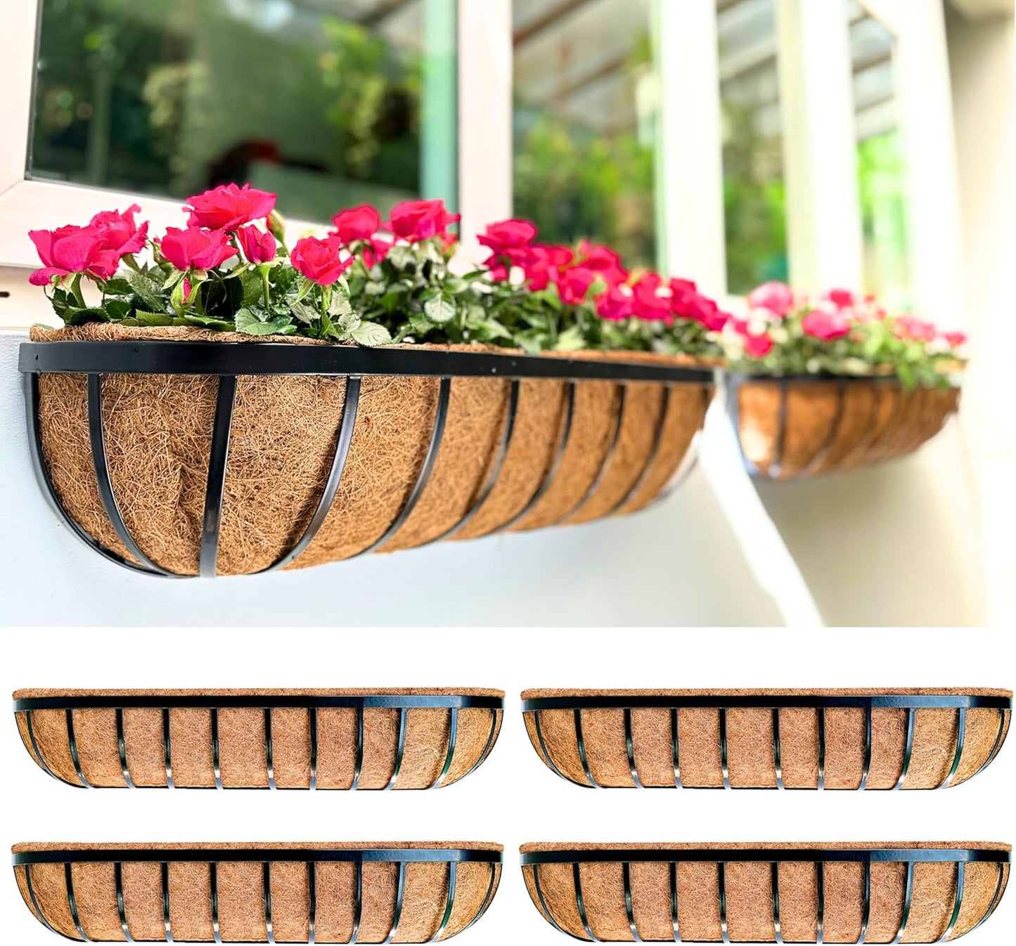 LaLaGreen Deck Railing Planter Boxes - 4 Pack, 36 Inch Long Window Flower Box Attach to House, Wall Planters for Outdoor Plants with Coco Liners English Horse Trough Fence Balcony Garden Porch Rail