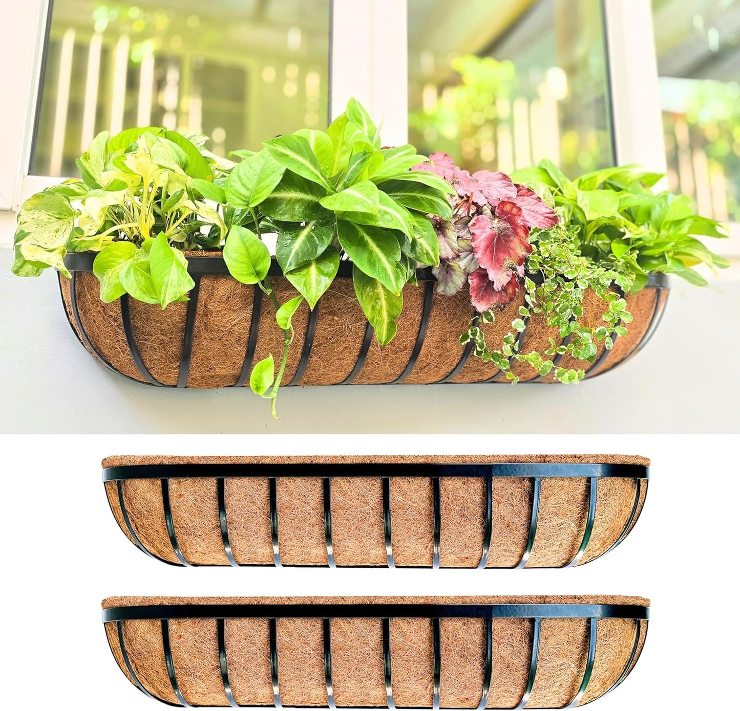LaLaGreen Deck Railing Planter Boxes - 4 Pack, 36 Inch Long Window Flower Box Attach to House, Wall Planters for Outdoor Plants with Coco Liners English Horse Trough Fence Balcony Garden Porch Rail