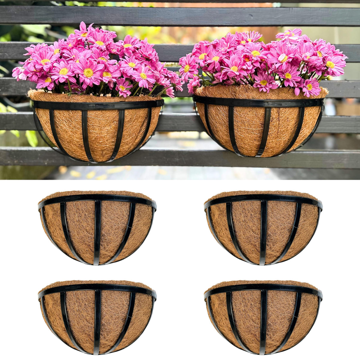 LaLaGreen Black Wall Planter (12 in, 2 Pack) Coco Liner Garden Flower Boxes