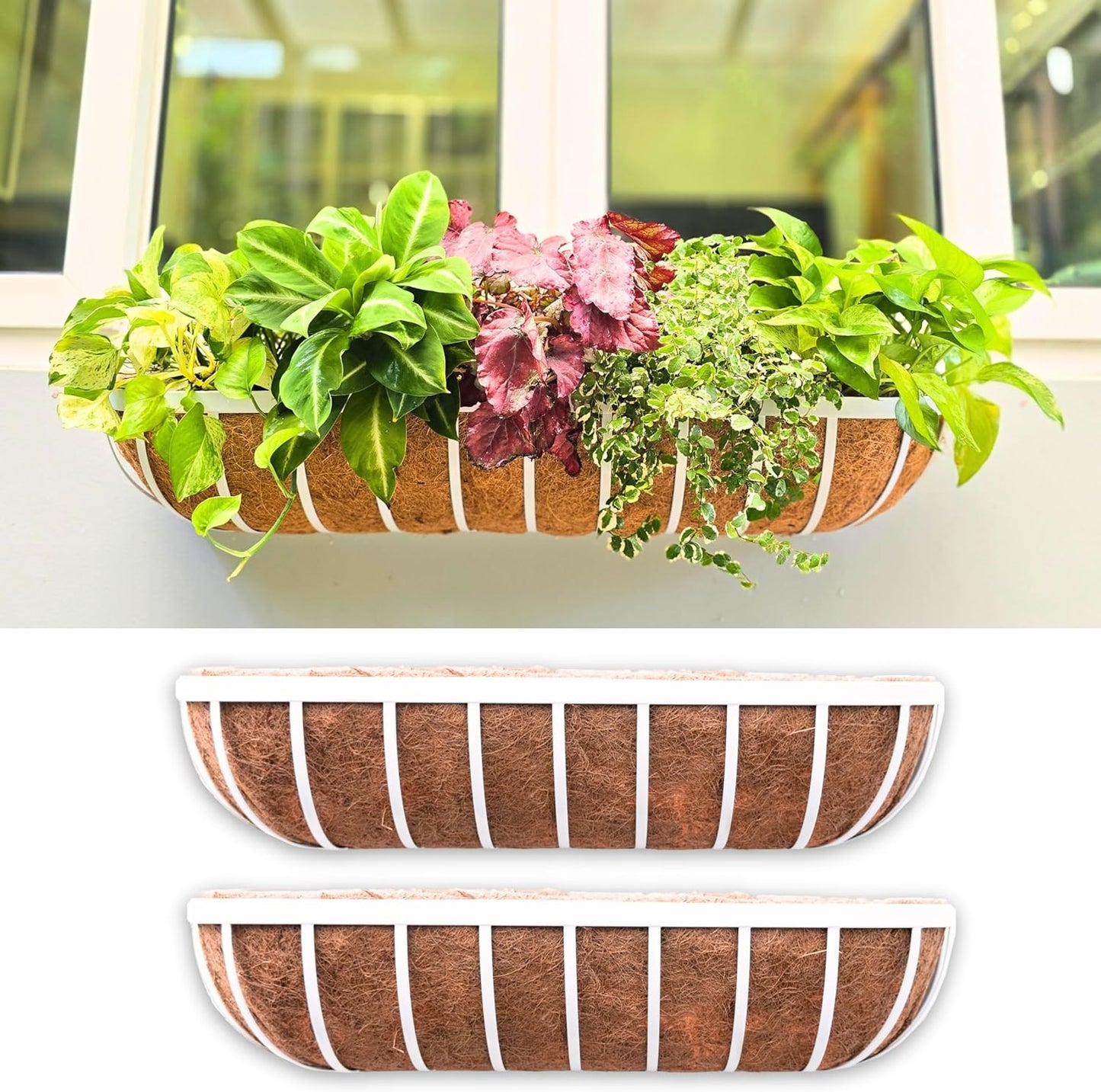 LaLaGreen Outoor Planter Boxes (30 Inch, 2 Pack) White Metal Deck Railings Flower Box with Coco Liners, Rectangular Hanging Planters for Window Plant Horse Trough Fence Balcony Garden Herb Porch Patio