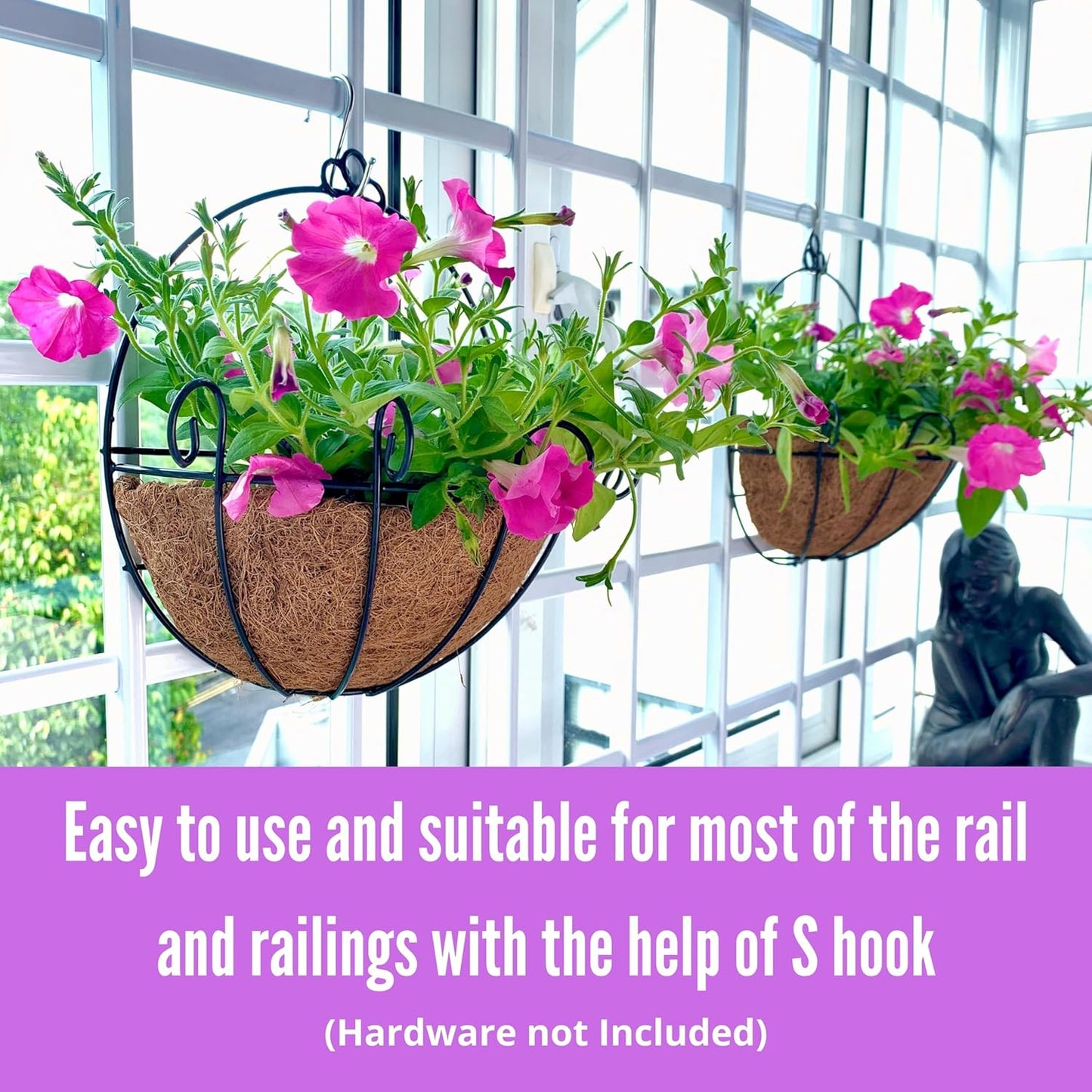 Shoplala Wall Planters for Outdoor Plants (4 Pack, 10 Inch) Metal Black Wire Flower Baskets with Coco Liner, Fence Hanging Planter Balcony Over Deck Porch Railing Rail Patio Modern Herb Outside Garden