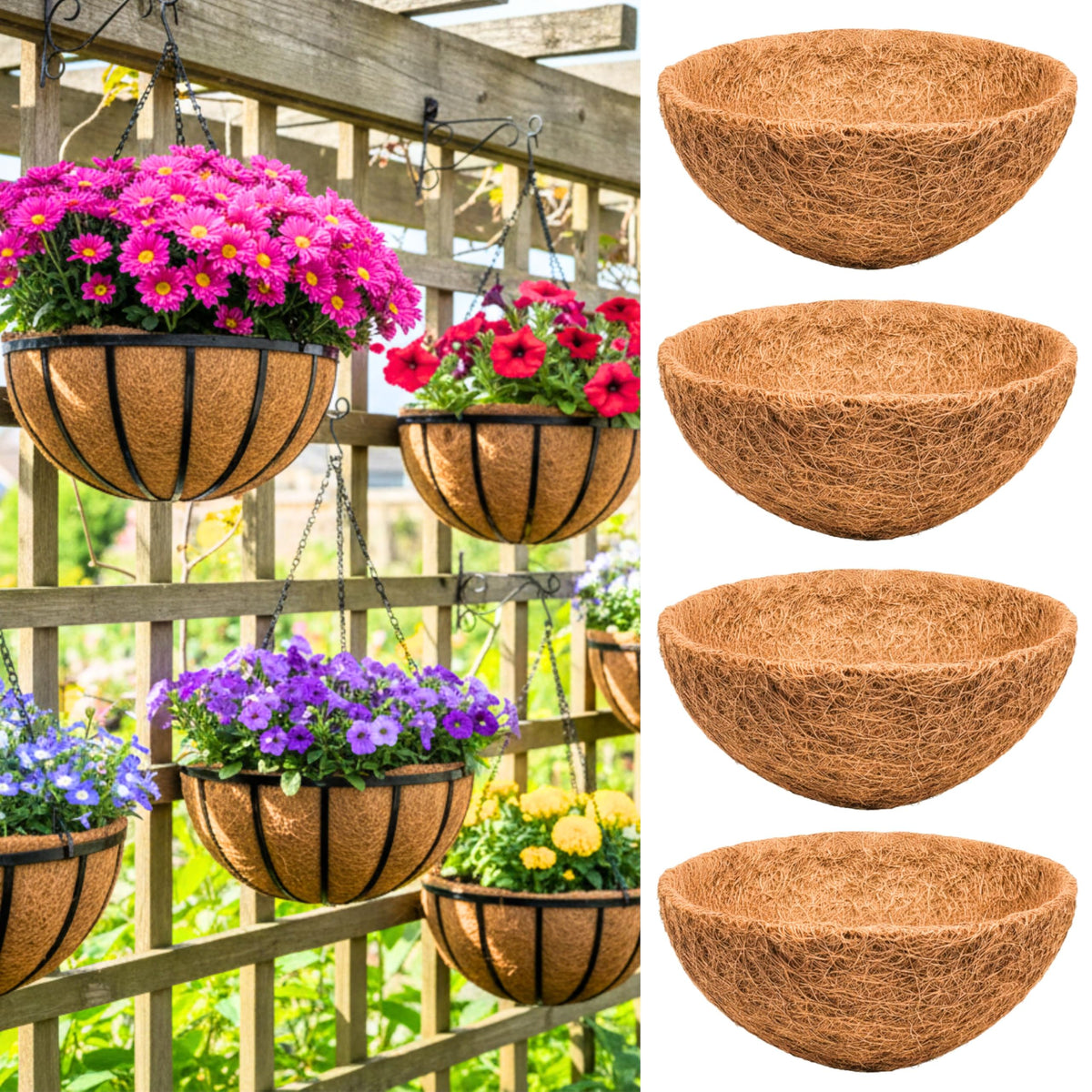 LaLaGreen 18" (4 Pack, Round) Coco Liners for Hanging Basket – Large Coir Fiber Replacement Liner for Pot, Outdoor Wall Mounted Planter – Also Available in 8/10/12/14/16/20 Inch & Different Shapes