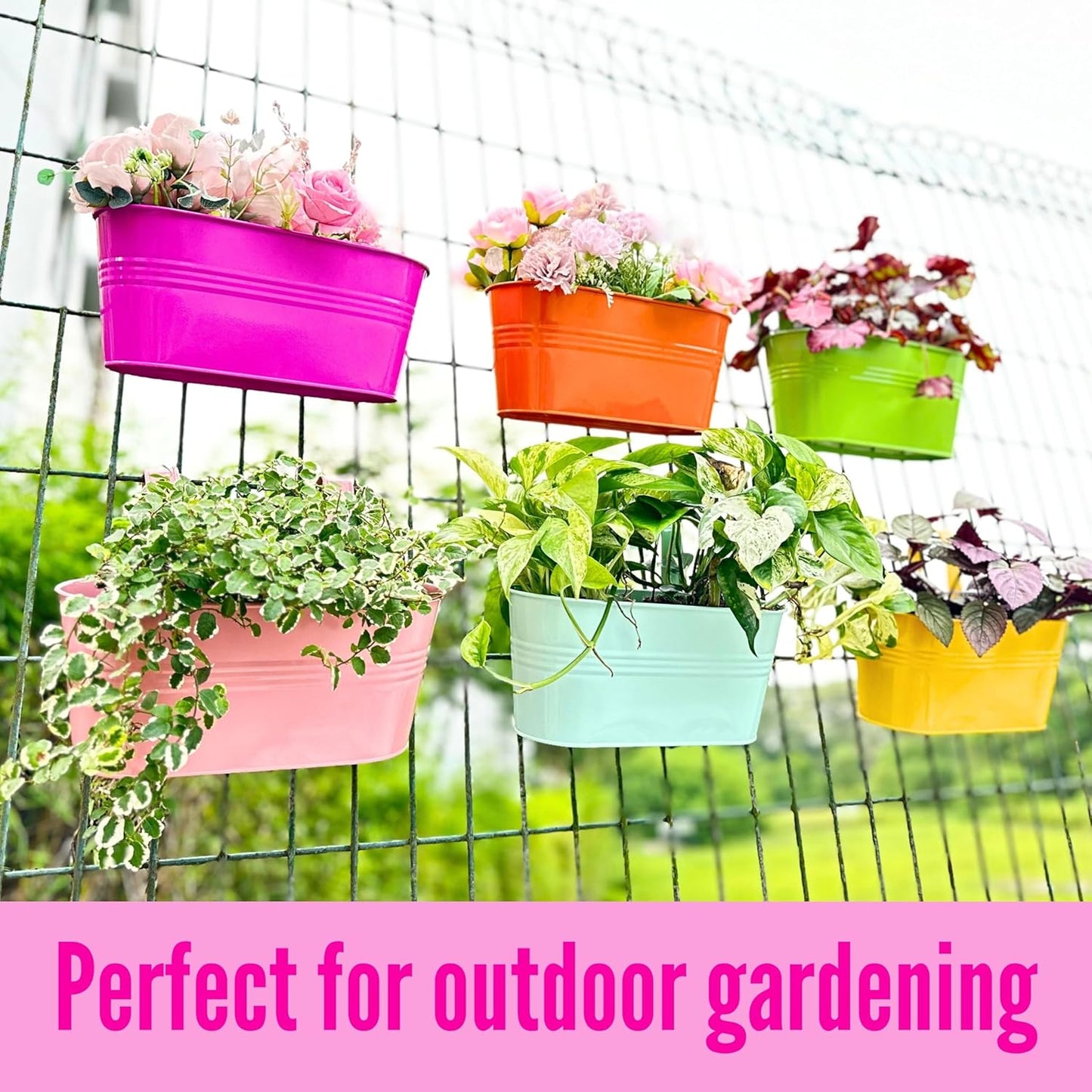 LaLaGreen Outdoor Hanging Planter (11.2 Inch, 6 Pack) Light Blue, Green, Neon Pink, Yellow, Orange, Peachy Pink Metal Iron Window Box Flower Pot Deck Railings Fence Rail Bucket Porch Home Garden Decor