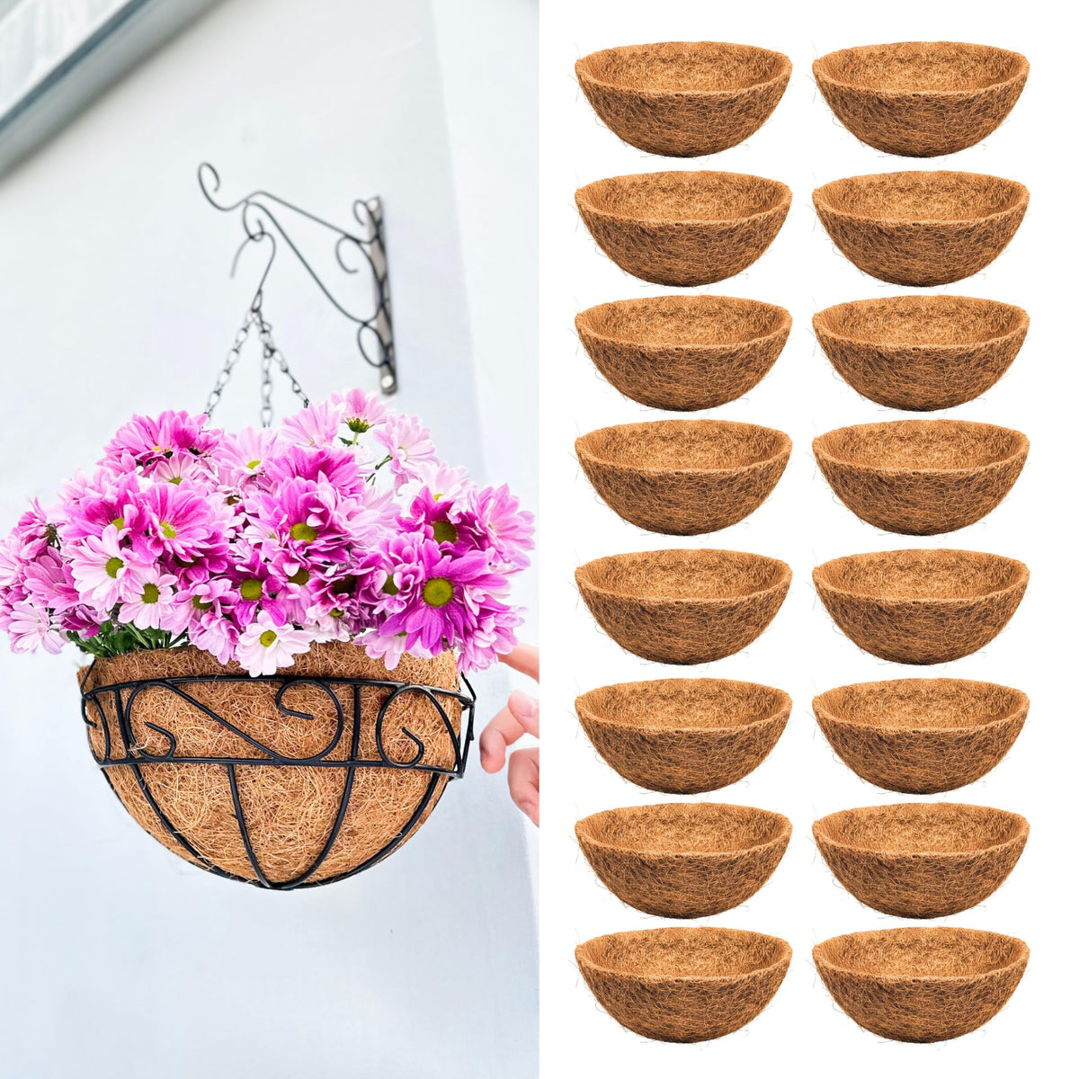 LaLaGreen 10'' (16 Pack, Round) Coconut Liners for Hanging Basket – Bulk Small Coco Coir Fiber Replacement for Pot, Garden Holder, Outdoor Planter – Multi Sizes 10/12/14/16/18/20’’ & Different Shapes