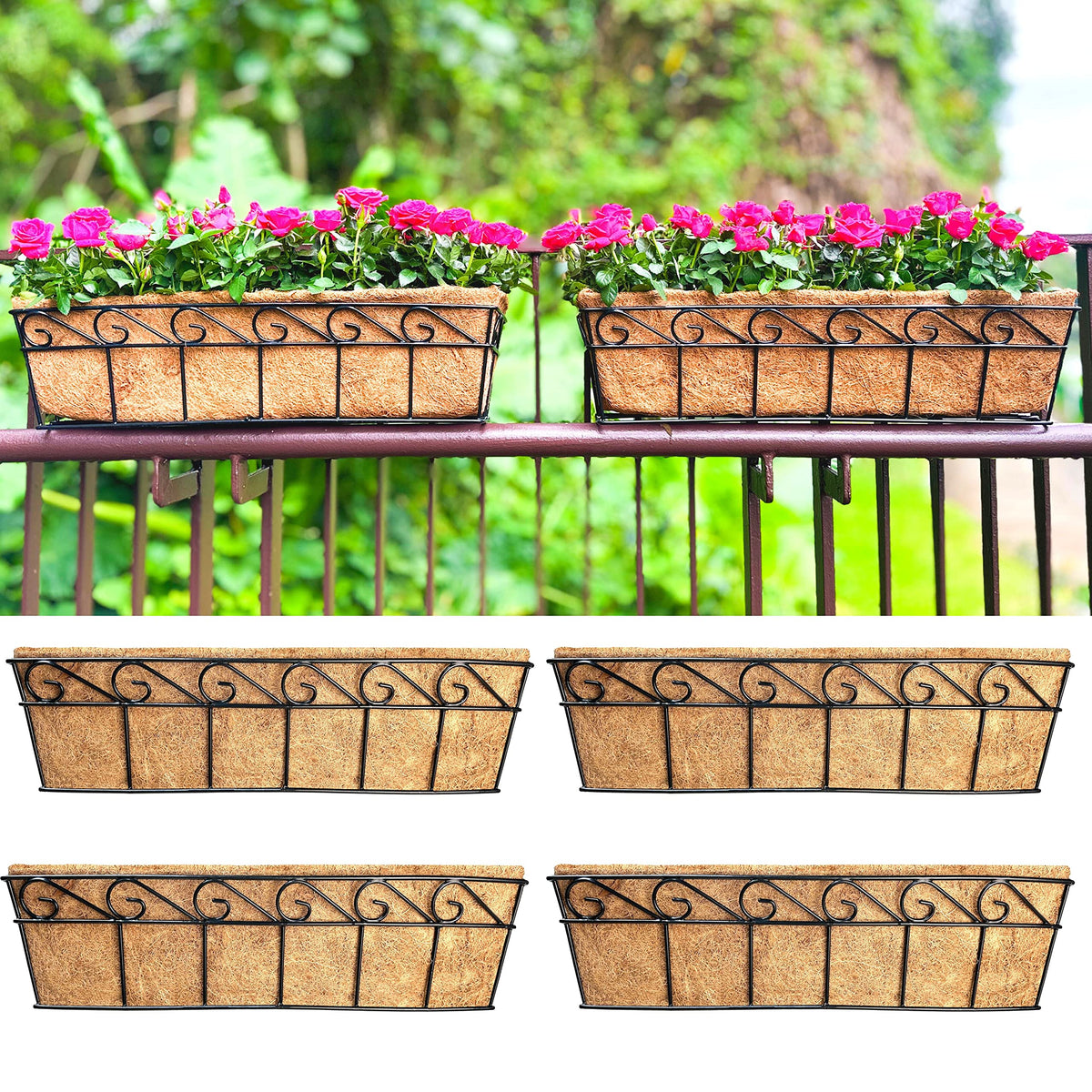 LaLaGreen Outdoor Wall Planter (24 in, 4 Pack) Black Coco Liner Trough Box
