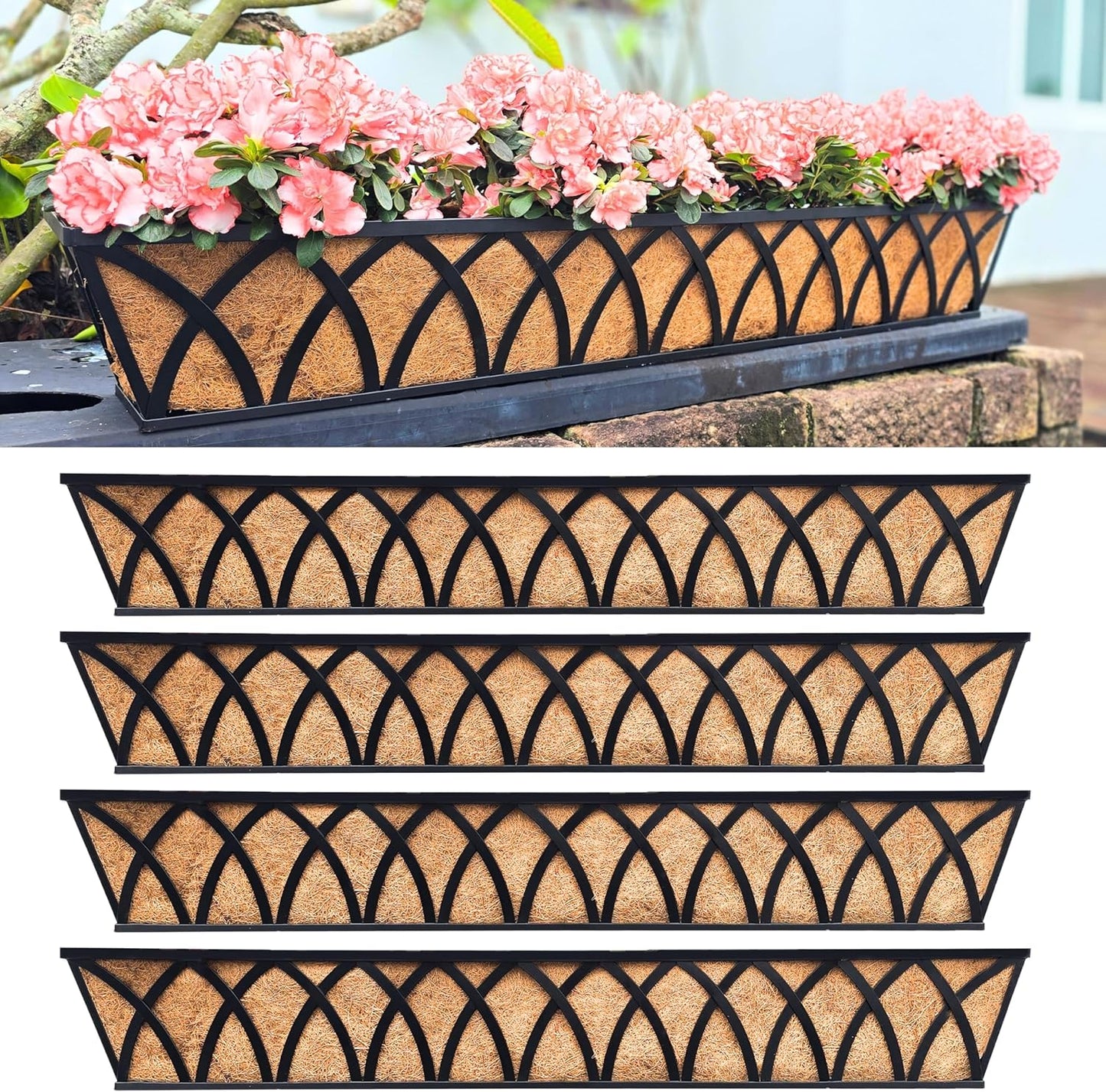 LaLaGreen Wall Planters (2 Pack, 48") Rectangular Black Metal Hanging Window Planter Box with Coco Liner, Flower Basket Plant Holder Attach House Outdoor Deck Railing Garden Patio Porch Balcony Fence