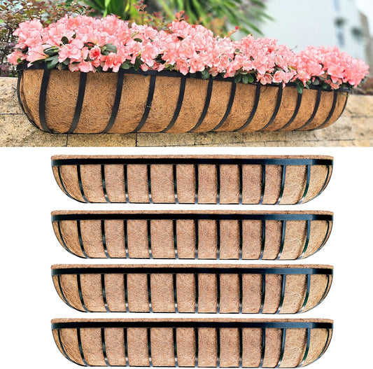 LaLaGreen Wall Hanging Planters (48 Inch, 4 Pack) Long Window Flower Box Planter with Coco Liner, Black Metal Rectangular Outdoor Plants Attach to House Horse Trough Fence Balcony Garden Porch Patio