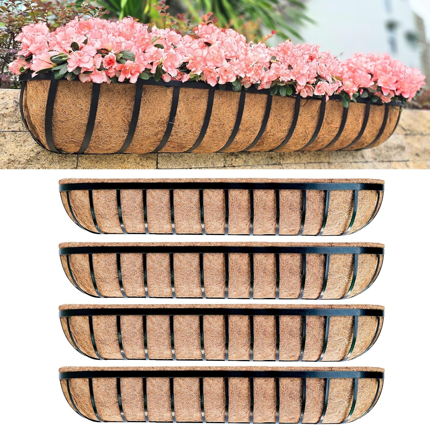 LaLaGreen Wall Planters for Outdoor Plant (16 Inch, 6 Pack) Deck Railing Planter Boxes for Outside Plants, Window Flower Box with Coco Liners Metal Horse Troughs Fence Balcony Garden Patio Porch Rail