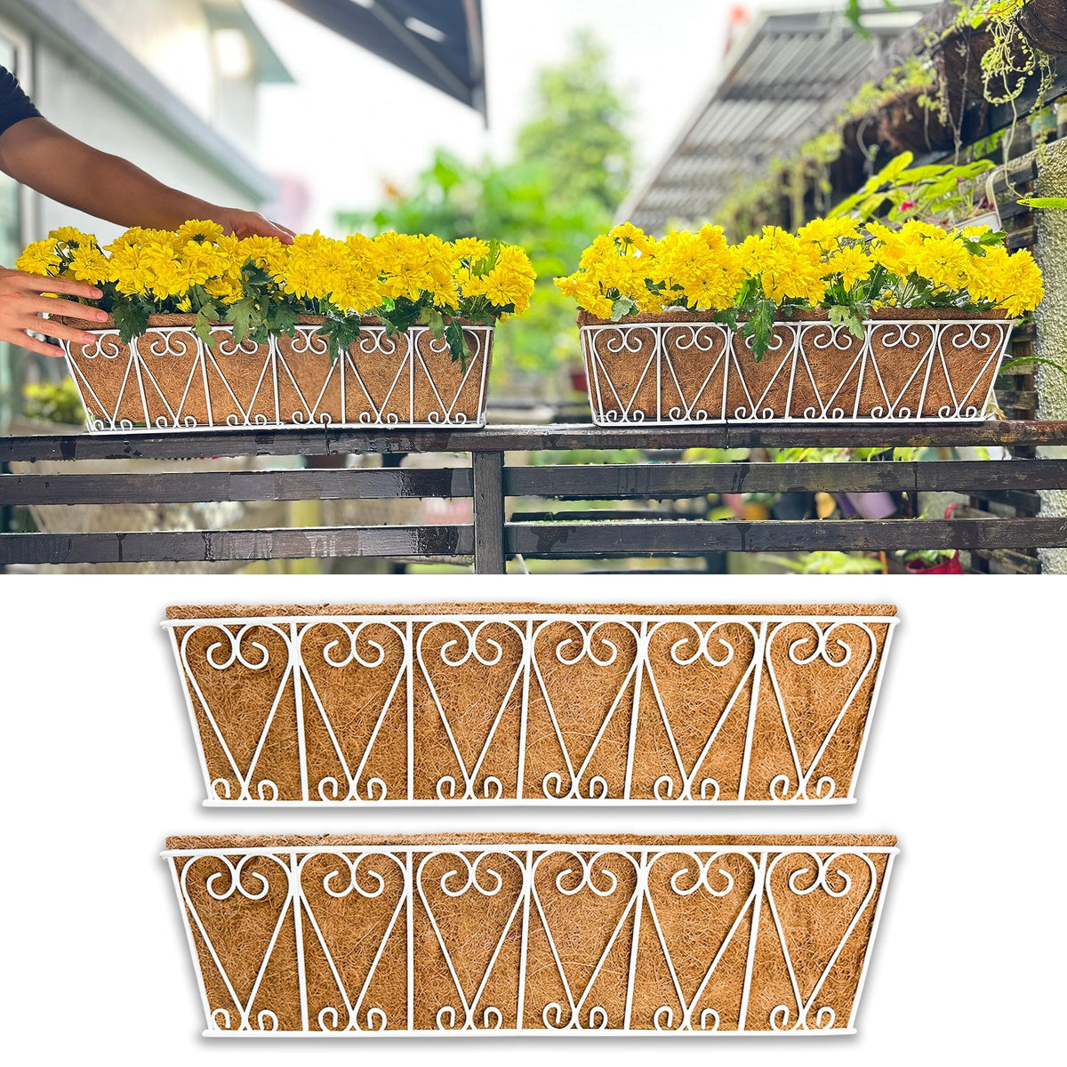 LaLaGreen Fence Wall Planter (24 in, 2 Pack) White Coco Liner Trough Box