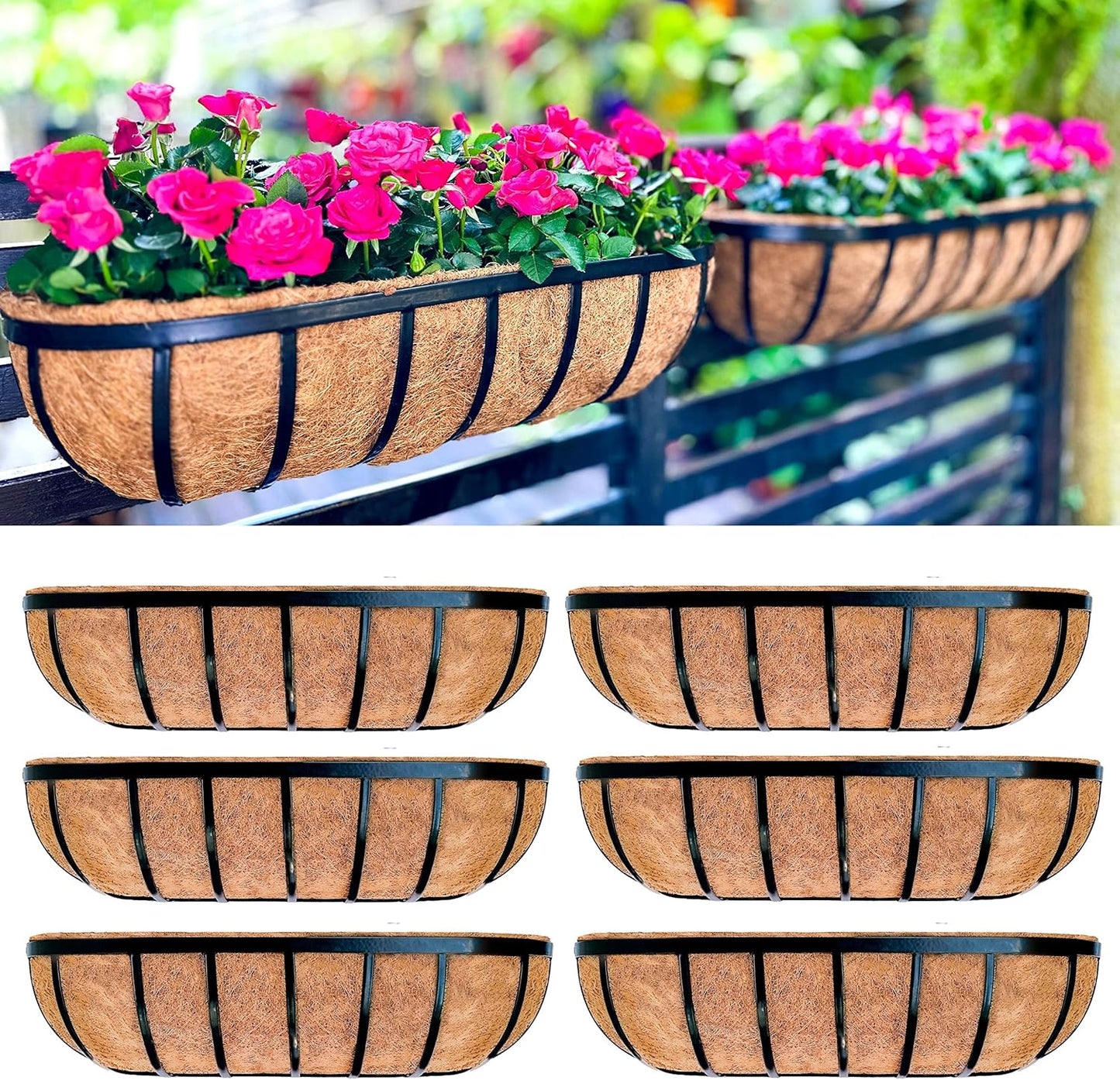 LaLaGreen Fence Planters for Outdoor Plants (24 Inch, 4 Pack) Black Metal Window Boxes Planter To Attach To House, Wall Mounted Flower Coco Baskets Outside Deck Railing Balcony Garden Porch Patio Rail