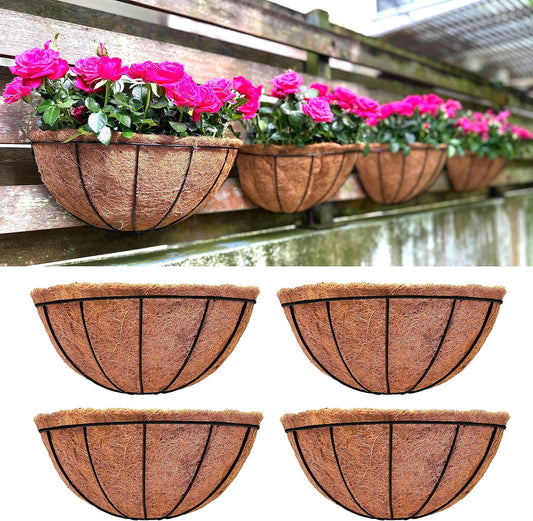 LaLaGreen Large Wall Flower Baskets, 4 Pack, 16 Inch Rail Planter for Outdoor Plants, Metal Wire Plants Holders with Coco Liner Outside Fence Balcony Garden Pots Railings Hanging Deck Porch Decor