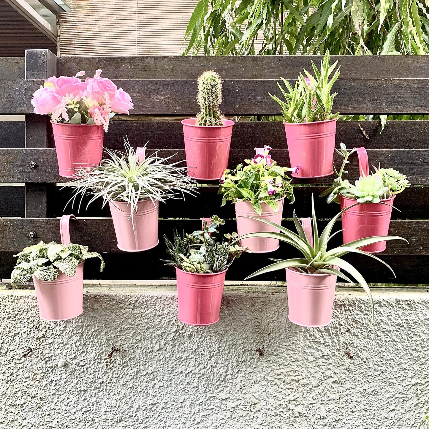 LaLaGreen Small Hanging Planters Outdoor - 10 Pack, 4 Inch Rainbow Planter Colorful Flower Pots Metal Iron, Rail Balcony Garden Deck Railing Plant Hanger Fence Wall, Herb Bucket Indoor Window Boxes