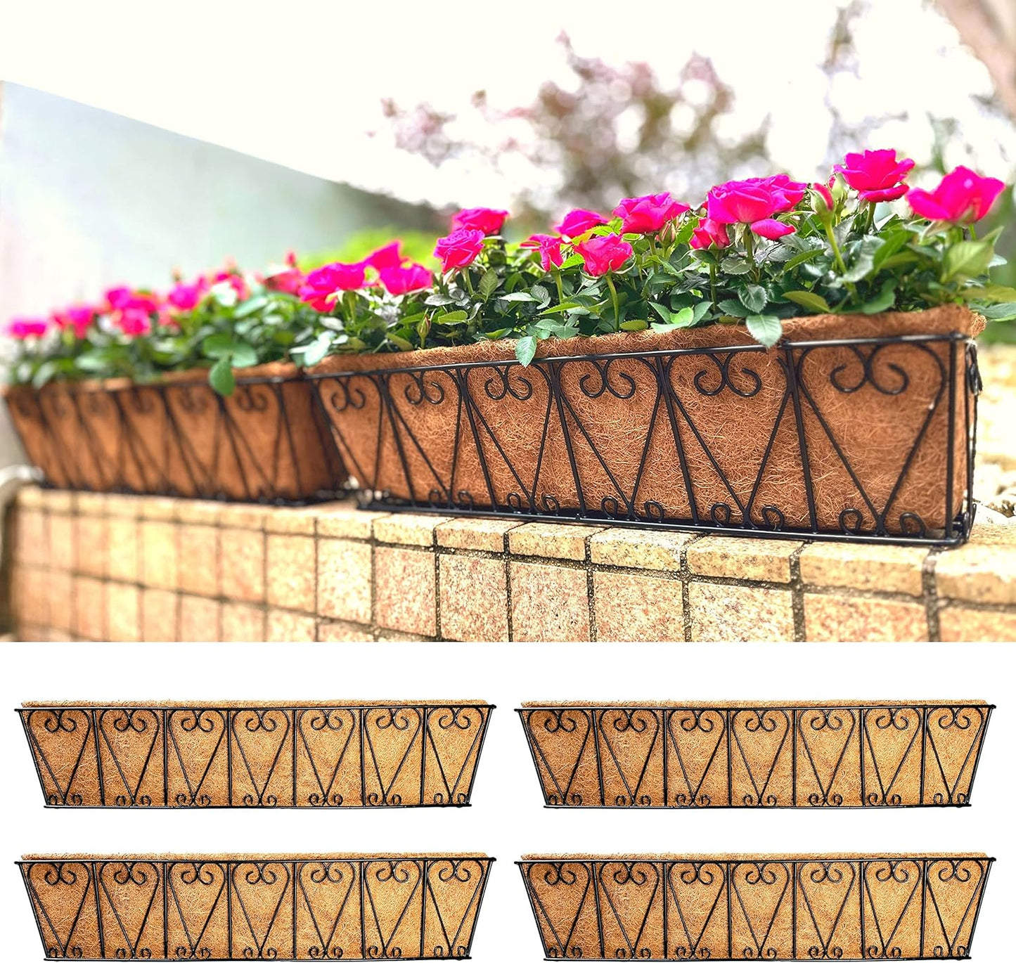 LaLaGreen Wall Planters - 2 Pack, 16 Inch Window Flower Boxes Outdoor, Deck Railing Hanging Metal Wire Basket Black with Coco Liners Horse Troughs Fence Balcony Garden Farmhouse Patio Porch Over Rail