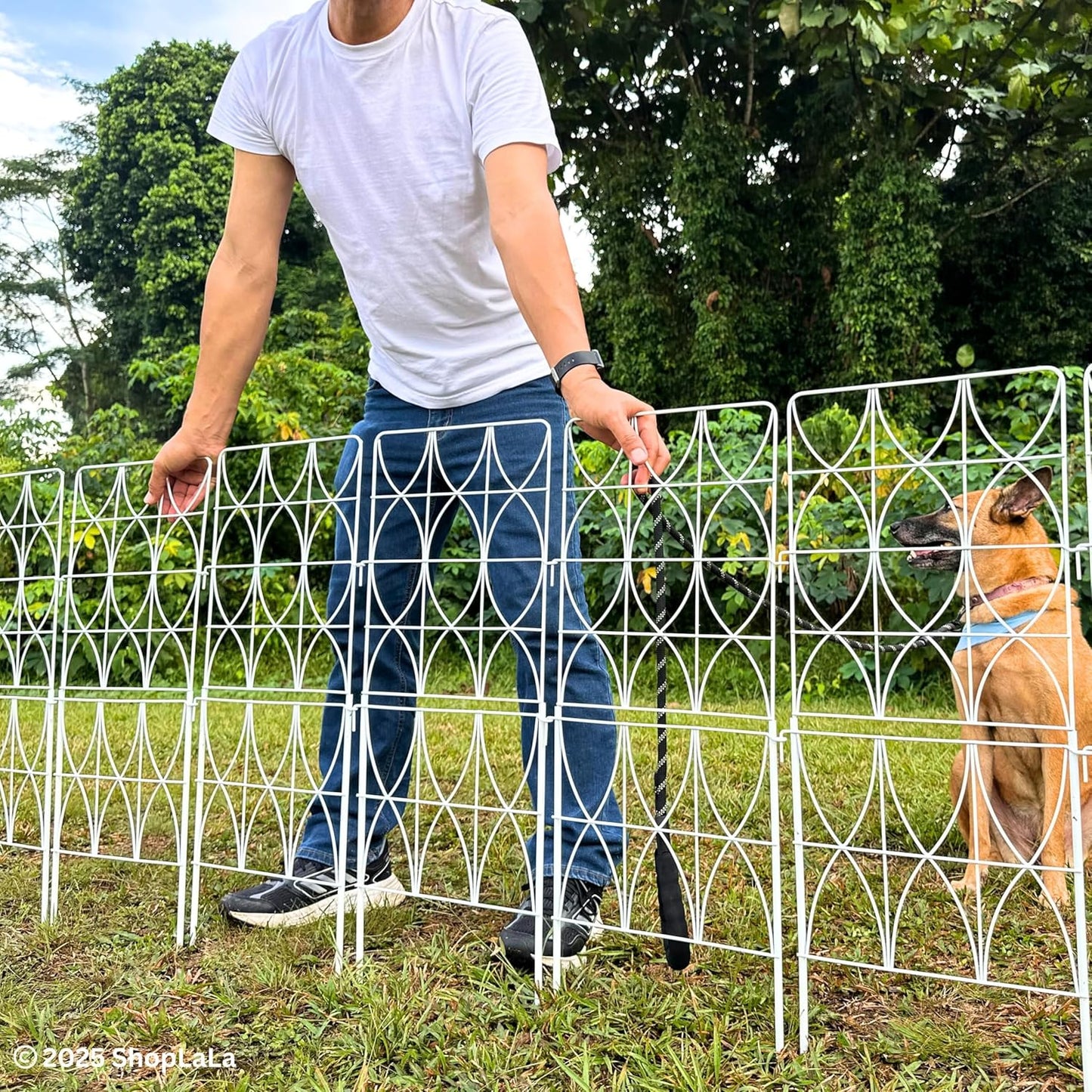 ShopLaLa Decorative Garden Fence (10 Panels) 12.5in(L) x 31in(H) Animal Barrier Fencing Rustproof White Metal Wire Flower Edging for Landscape, Tall Large No Dig Fences Back Yard Pet Porch Gate D-F30D