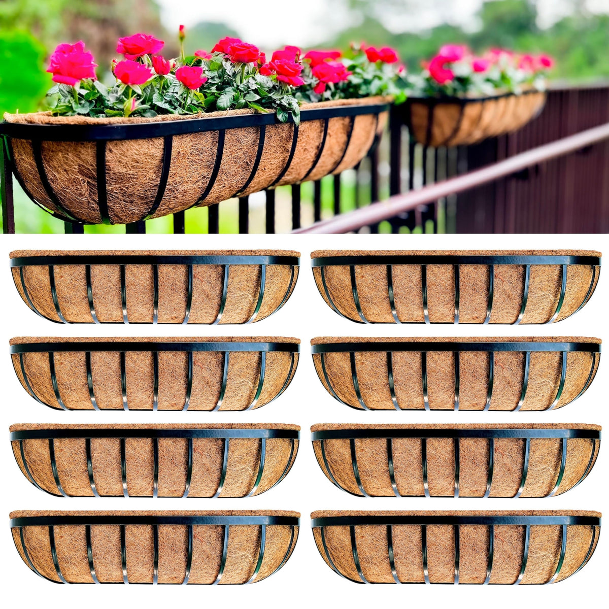 LaLaGreen Black Metal Wall Planter (24 in, 8 Pack) Window Flower Box Holder