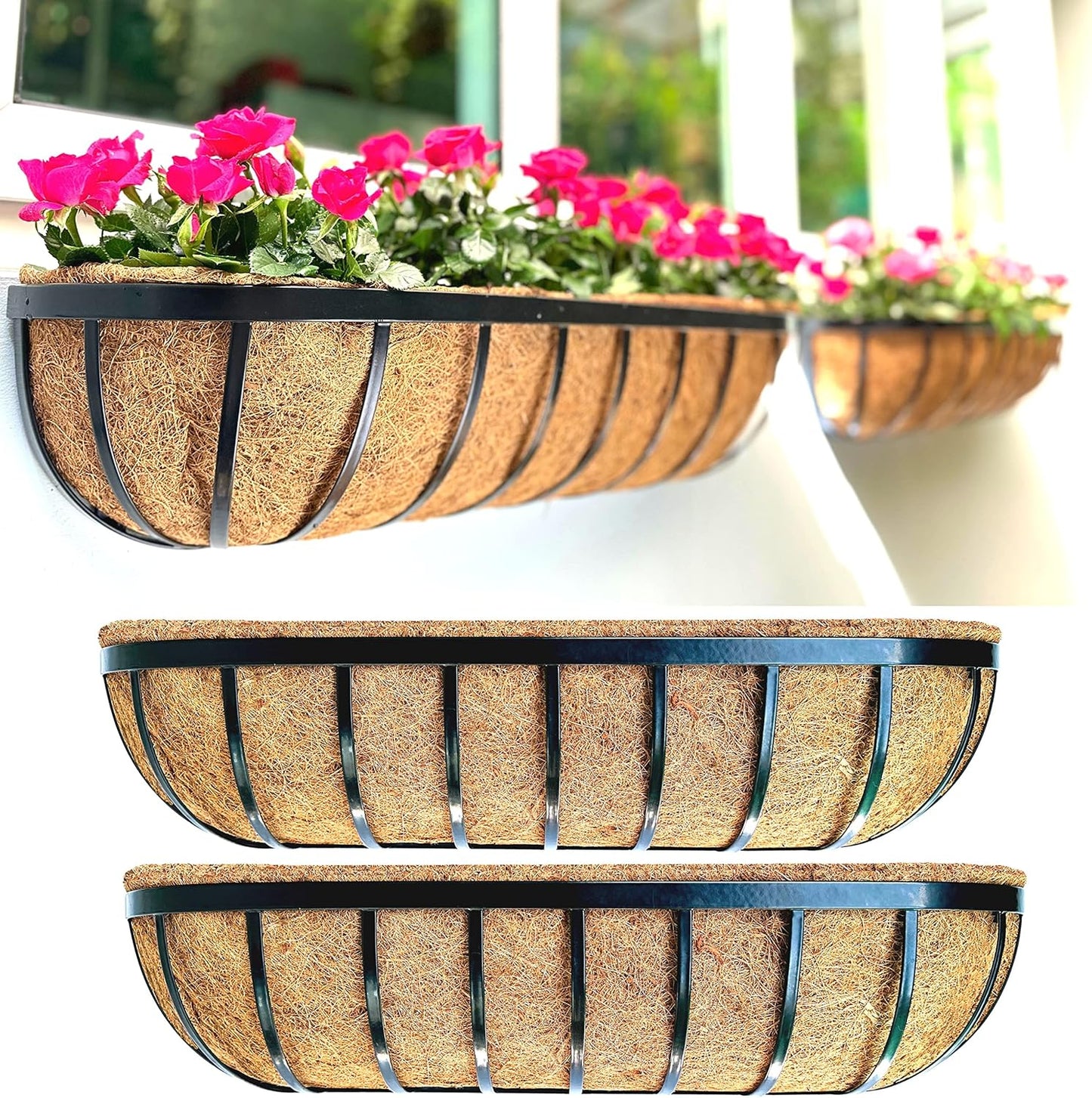 LaLaGreen Wall Planters for Outdoor Plant (16 Inch, 4 Pack) Deck Railing Planter Boxes for Outside Plants Window Flower Box with Coco Liners Metal Horse Troughs Fence Garden Herb Patio Porch over Rail