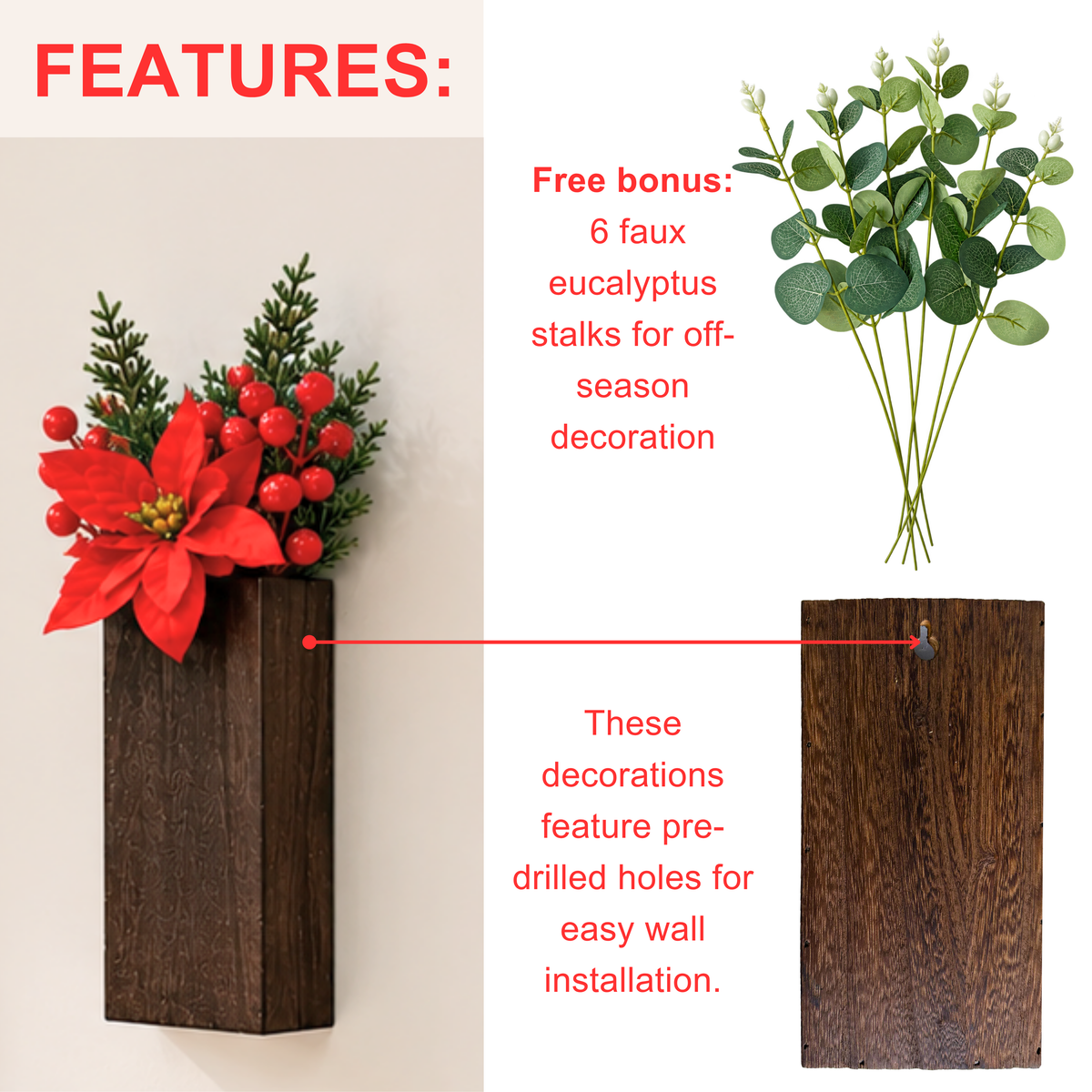 LaLaGreen Christmas Festive Indoor Wooden Wall Mounted Planter Boxes